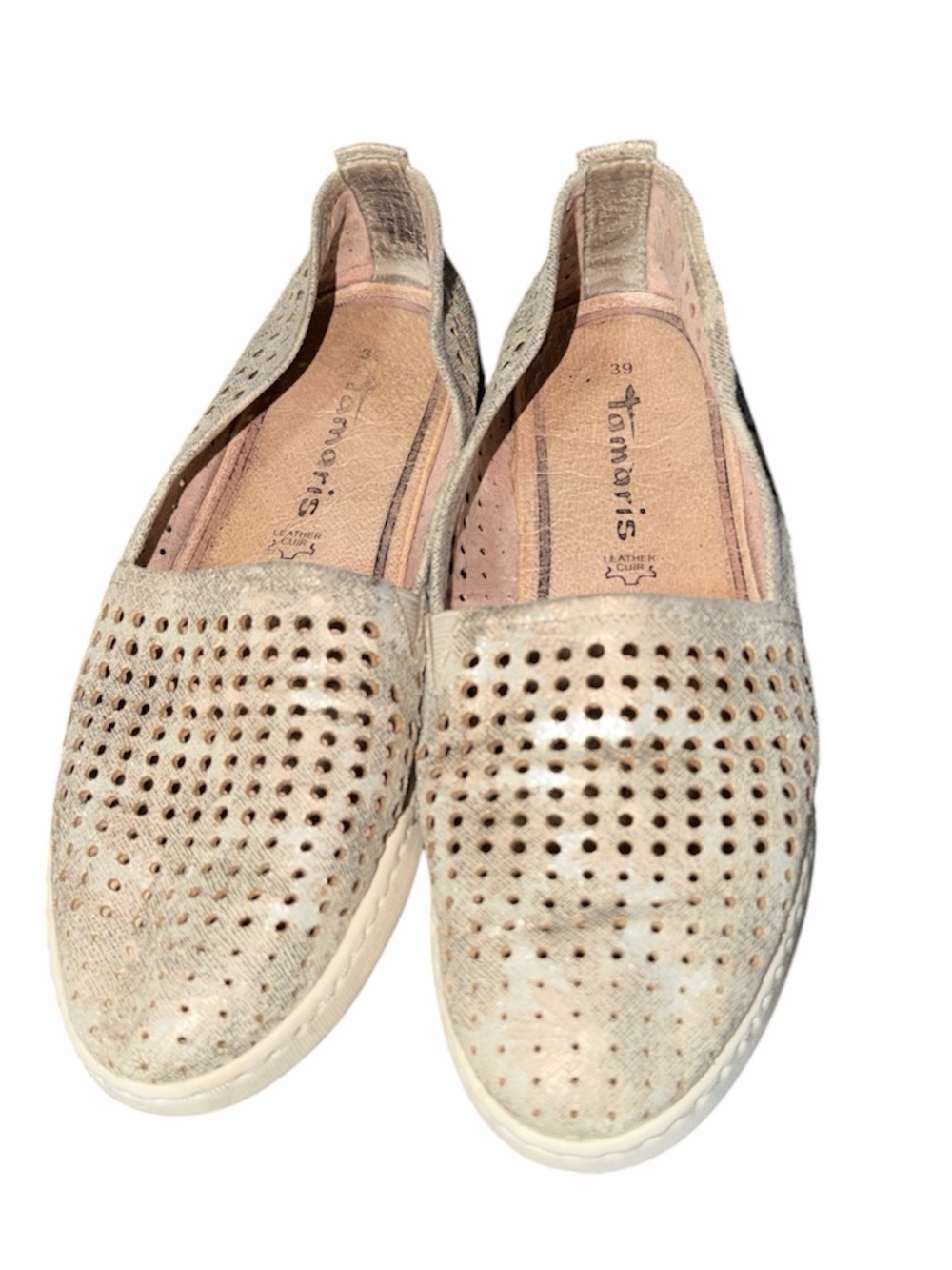 Tamaris, Size 39 (US 8.5-9), Metallic Gold/Silver, Touch It perforated leather